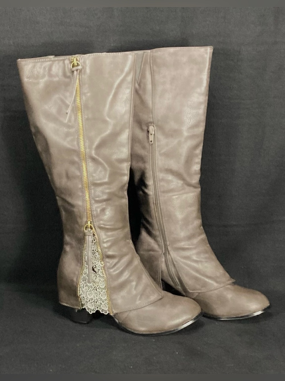 Women's Mid-Heel Lace-Trim Tall Boots - Taupe
